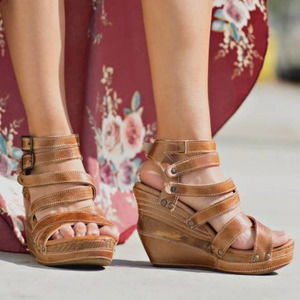 BedStu | Juliana Wooden Wedge Heels 8 Sandals Tan Rustic